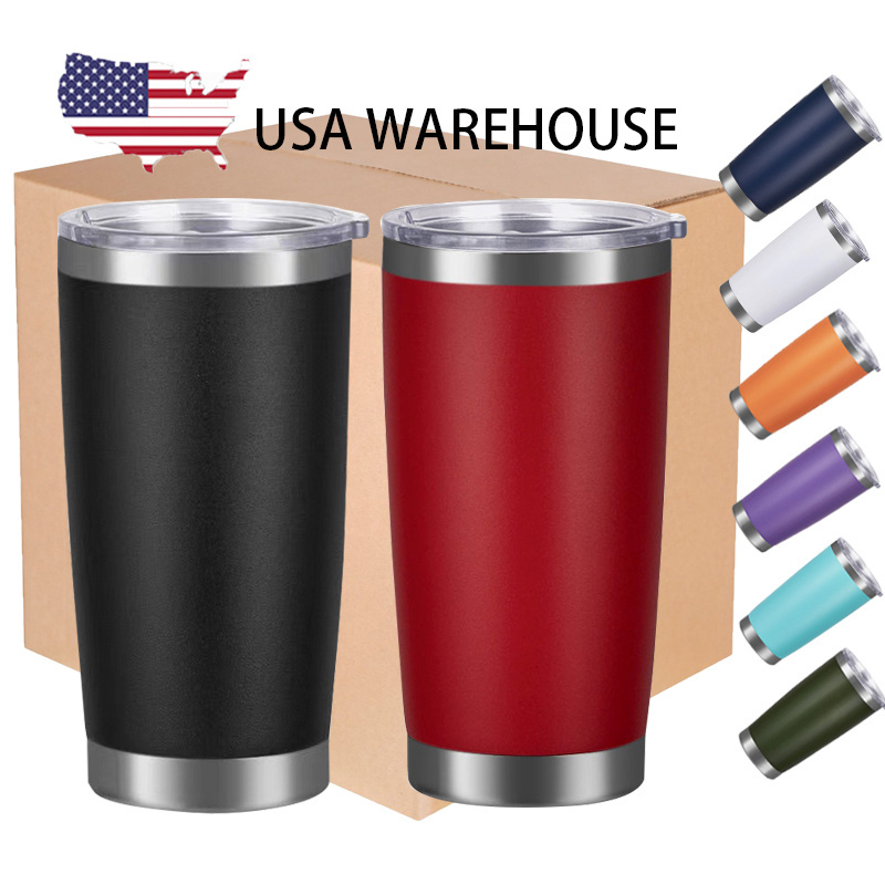 USA Warehouse Double Wall Travel Powder Coated Coffee Cups Stainless Steel Vacuum Insulated 20oz Tumbler with Lid