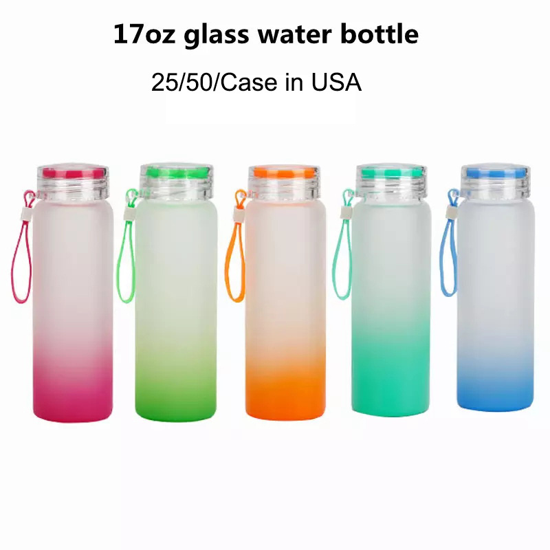 USA warehouse 17oz Sublimation Blank Mixed Color Glass Tea Cup Frosted Gradient Glass Water Bottle For Sublimation