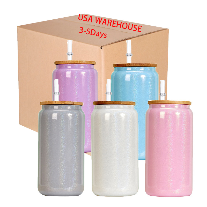 USA warehouse 16oz frosted rainbow gradient color Beer Mug juice soda Glass Cup bottle with Bamboo Lid and Straw