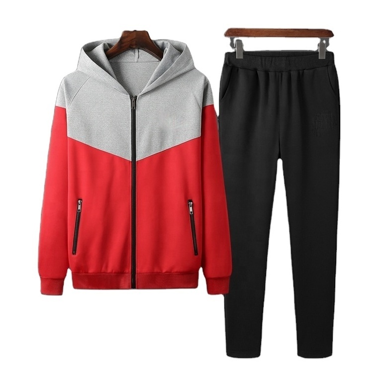 French Terry Cotton Raglan Sleeve Color Block 80%cotton 20%polyester Casual Zip Up Hooded Zipper Pockets Pants Hoodies Tracksuit