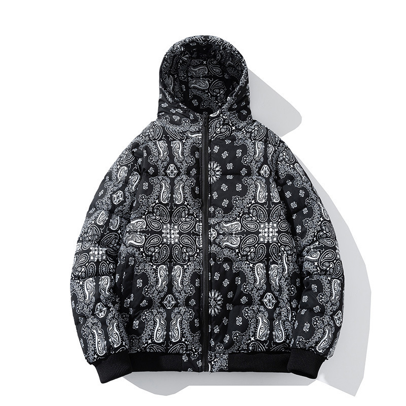 New Arrival Men's Custom All Over Sublimated Printed Stand Collar Zip Up Button Down Padded Winter Branded Bandana Puffer jacket