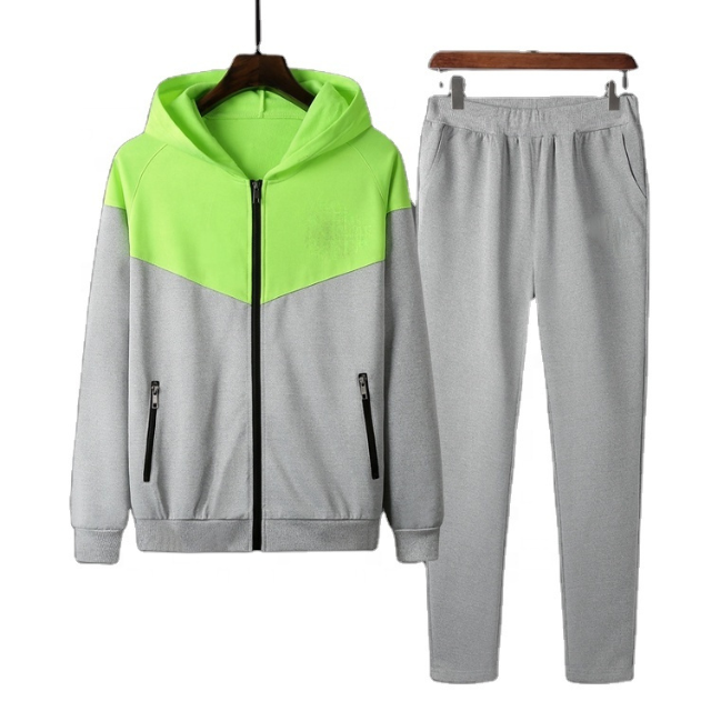 French Terry Cotton Raglan Sleeve Color Block 80%cotton 20%polyester Casual Zip Up Hooded Zipper Pockets Pants Hoodies Tracksuit