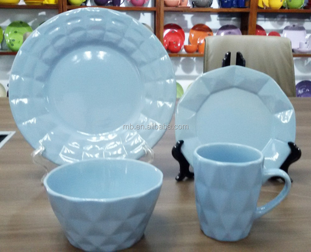 Embossed Stoneware Dinnerware,Noble Light Blue 16pcs Antique Emboss Ceramic Stoneware Dinner Set