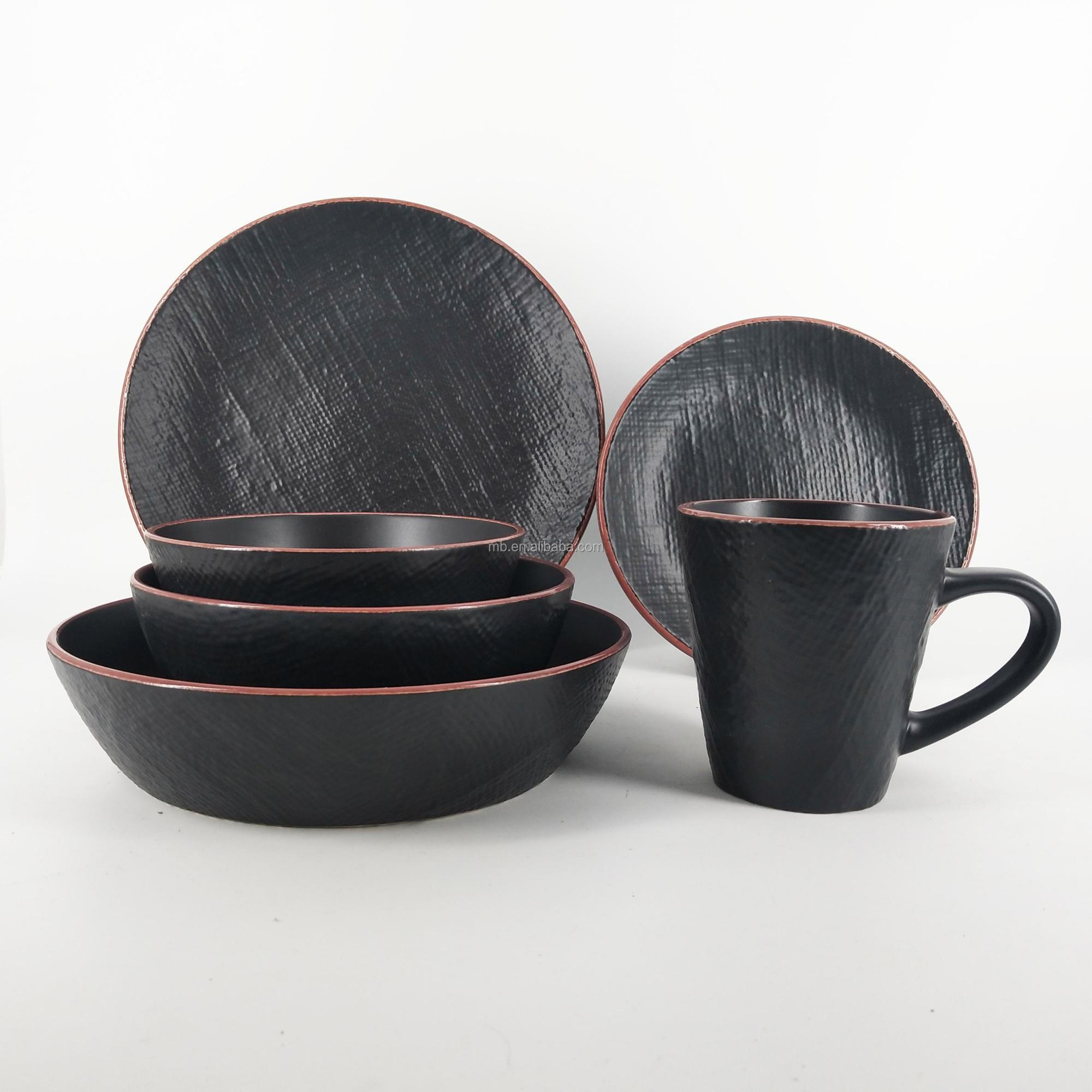 Matt black color embossed stoneware tableware ceramic dinner set