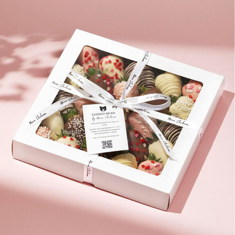 Wholesale Premium Luxury Truffle Bar Candy Packaging Custom Printed White Black Strawberry Chocolate Dessert Box With Clear Lid