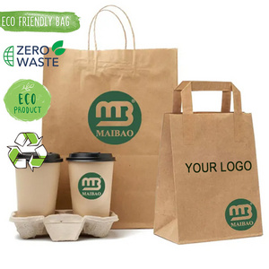 Custom Logo Design Printed Restaurant Carryout Sac En Papier Bolsas Papel Fastfood Take Out Kraft Paper Handle Bags