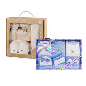 Custom blue pink cute foldable kraft cardboard paper apparel socks packaging new born baby clothes sets shower blanket gift box