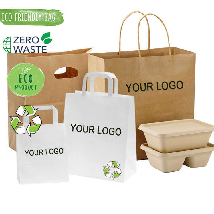 Custom Logo Design Printed Restaurant Carryout Sac En Papier Bolsas Papel Fastfood Take Out Kraft Paper Handle Bags