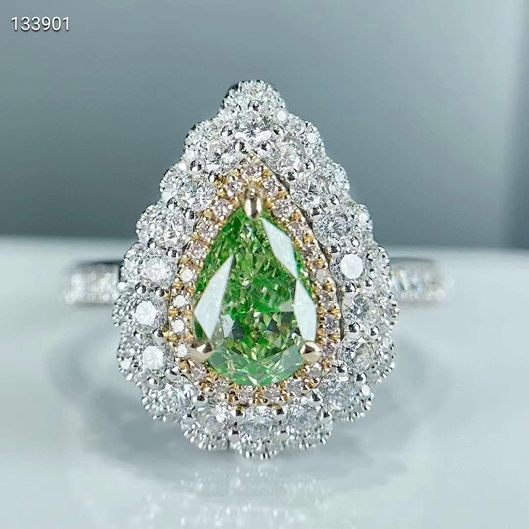 SGARIT Trendy Jewelry Solid Gold Moissanite Ring 1 Carat Pear Shape VVS Green Moissanite 14K Gold Double Halo Engagement Ring