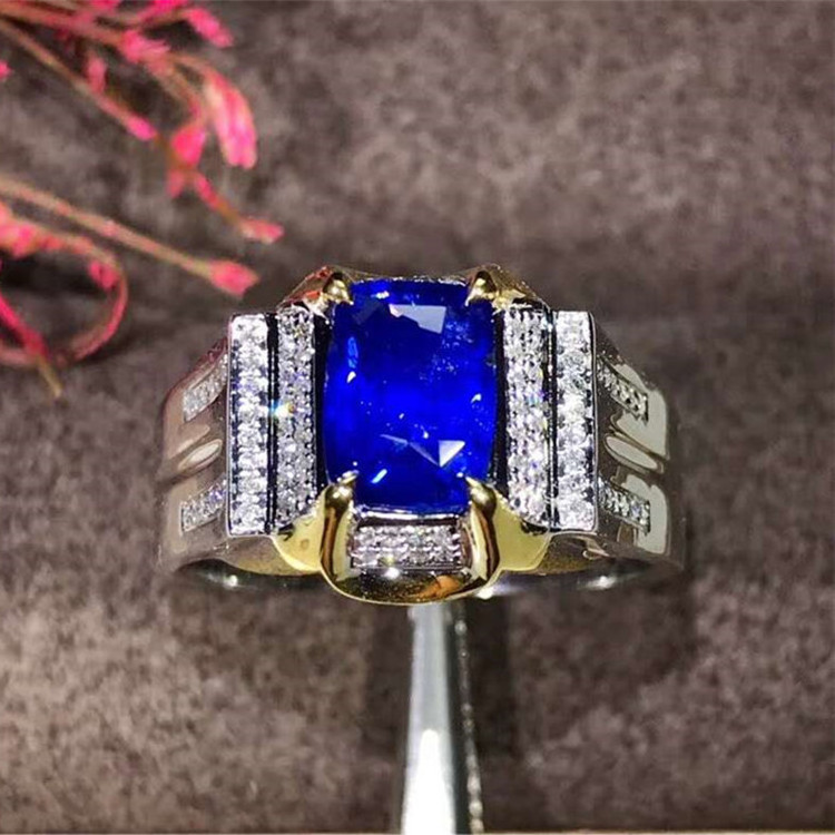 SGARIT AU 750 18 K Gold South Africa Real Diamond Cushion Cut Natural Royal Blue Sapphire Engagement Band Ring For Men