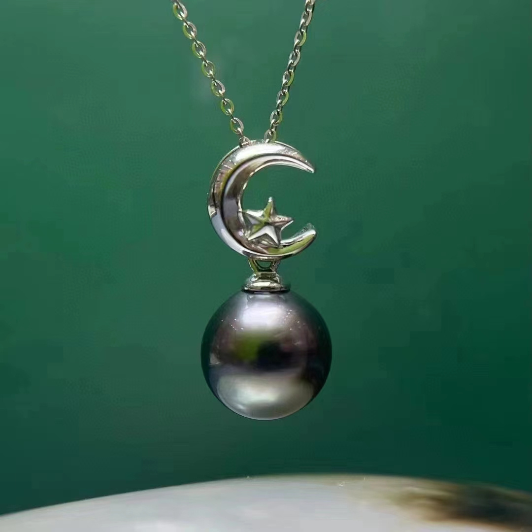 SGARIT Fine Jewelry Moon 18K White Gold 8-9MM  Polynesia Tahiti Natural Black Pearl Pendant Lady Jewellery South Sea Pearl