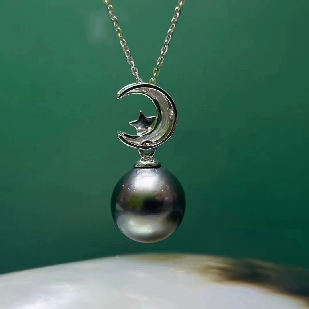 SGARIT Fine Jewelry Moon 18K White Gold 8-9MM  Polynesia Tahiti Natural Black Pearl Pendant Lady Jewellery South Sea Pearl