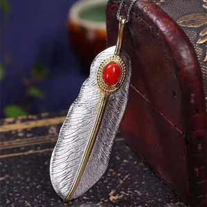 women feather shape gemstone jewelry 925 silver 18k white gold plated natural Italian Sardine red coral pendant necklace