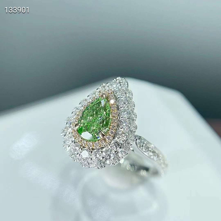 SGARIT Trendy Jewelry Solid Gold Moissanite Ring 1 Carat Pear Shape VVS Green Moissanite 14K Gold Double Halo Engagement Ring