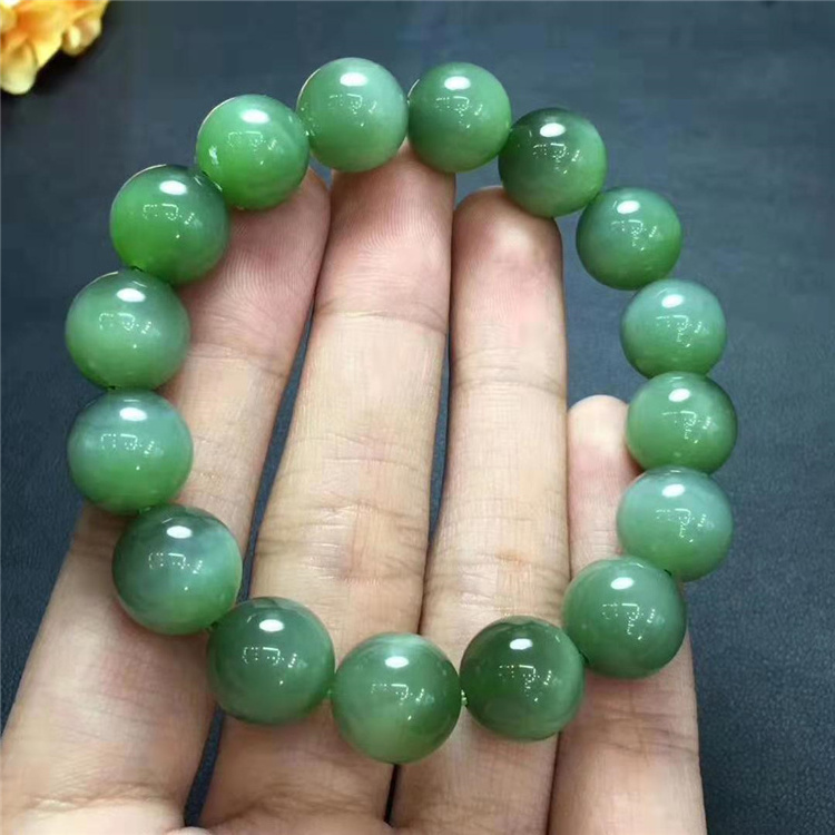 Chinese Vintage fine Jade Jewelry Wholesale Price 12mm Hetian Jade Natural Green Jasperite Beaded Bracelet