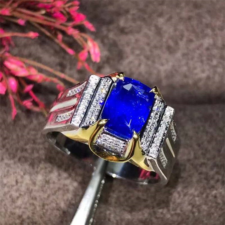 SGARIT AU 750 18 K Gold South Africa Real Diamond Cushion Cut Natural Royal Blue Sapphire Engagement Band Ring For Men