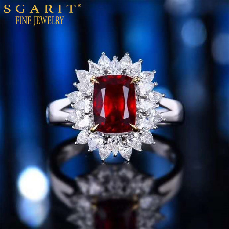 SGARIT Dubai Au750 Gold 18k Real Gemstone Jewelry  Lady Engagement Ring 3.01Ct Pigeon Blood Red Unheated Natural Ruby Ring