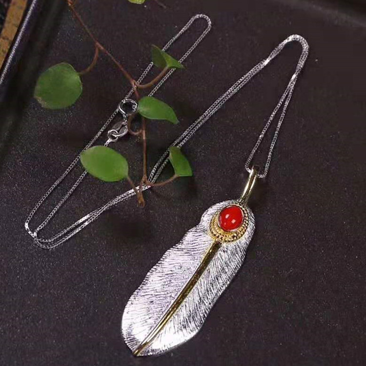 women feather shape gemstone jewelry 925 silver 18k white gold plated natural Italian Sardine red coral pendant necklace