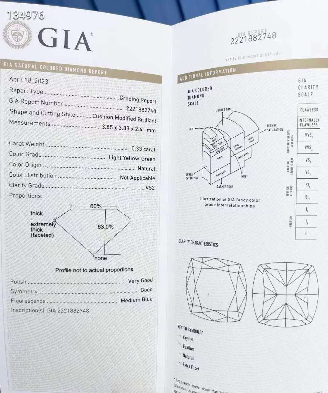 SGARIT Jewelry Loose Diamond Stone 0.33 Carat GIA Certified Nautral Diamond Cushion Cut VS2 Light Yellow-Green Real Diamond