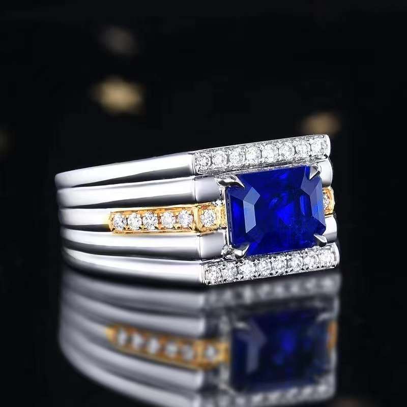 SGARIT Jewelry Sapphire Men Ring 18K White Gold 2.25CT Natural Royal Blue Sapphire Ring GUILD Certified Gemstone Ring For Men