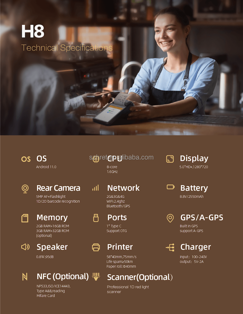 Handheld Pos Terminal Android 11 H8 4G WIFI With 58mm Thermal Printer for All-in-one Use Pos System