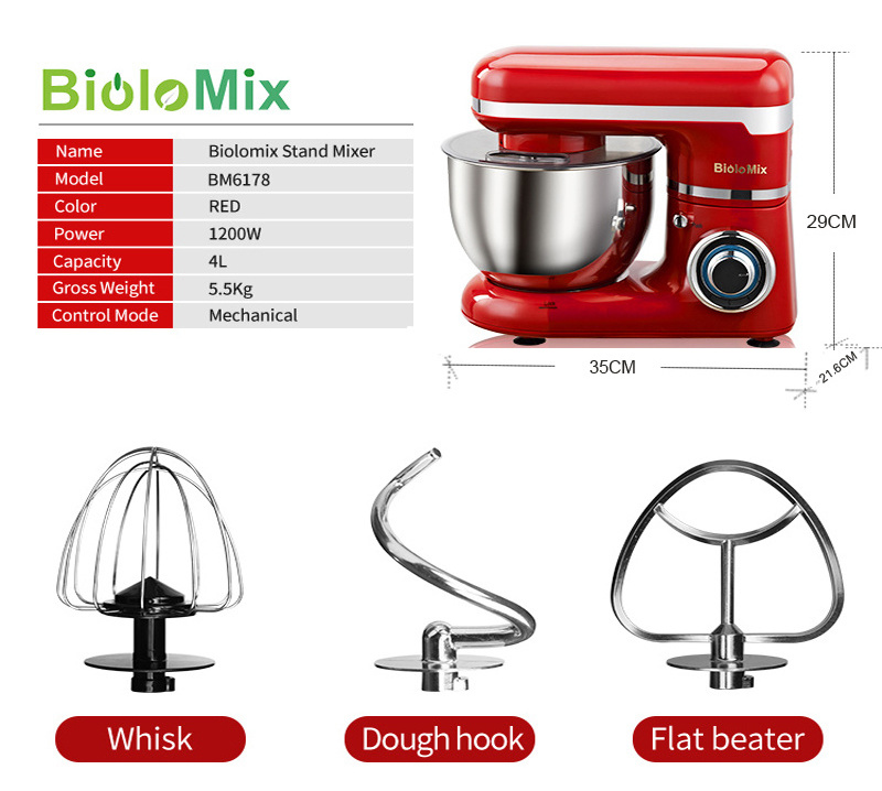 BioloMix 4L Stand Mixer Stainless Steel Bowl 6-speed Kitchen Food Blender Cream Egg Whisk Cake Dough Kneader Bread Maker