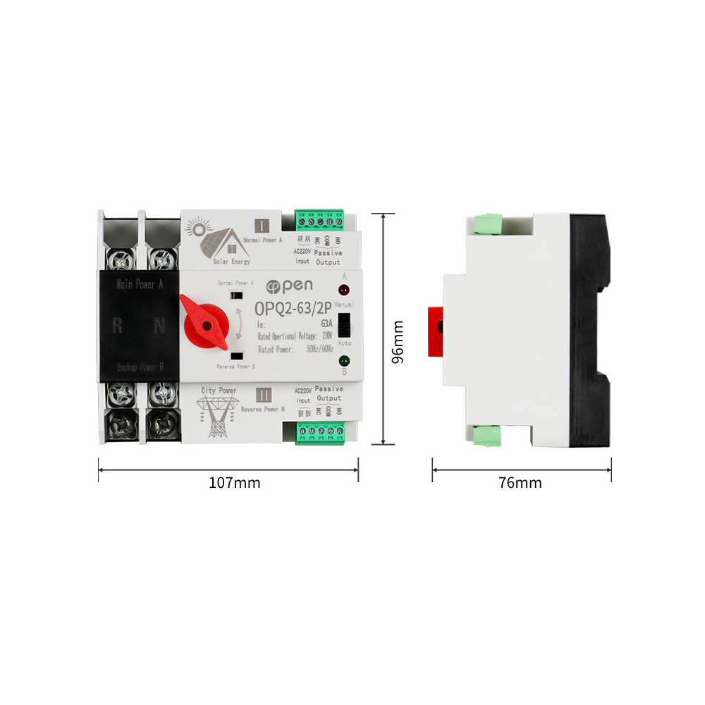 2P 63A 125AC 220V ATS PV System Power Use  Din Rail Photovoltaic Solar Power Dual Power Automatic Transfer Switch