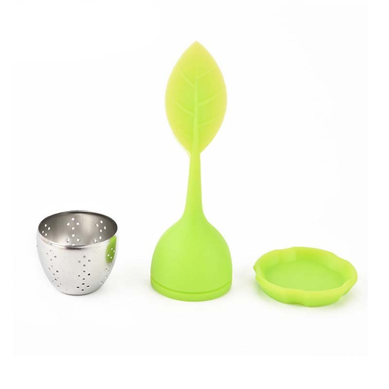 leaf shape stainless steel silicone tea infuser strainers green tea diffuser strainer with tray for brewing in tea pot