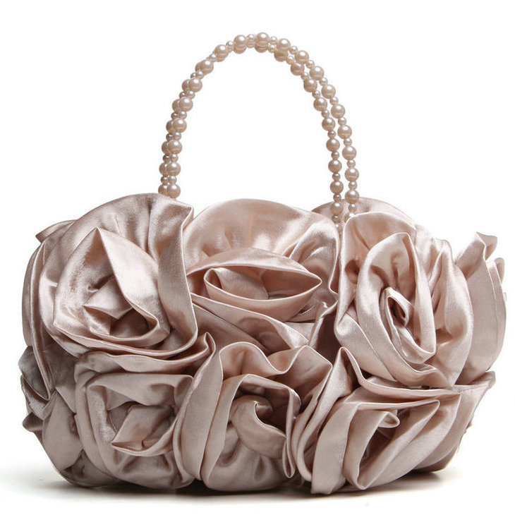 Women Rose Shaped Clutch Soft Satin Wristlet Handbag Wedding Party Purse