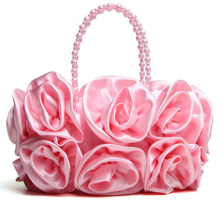 Women Rose Shaped Clutch Soft Satin Wristlet Handbag Wedding Party Purse