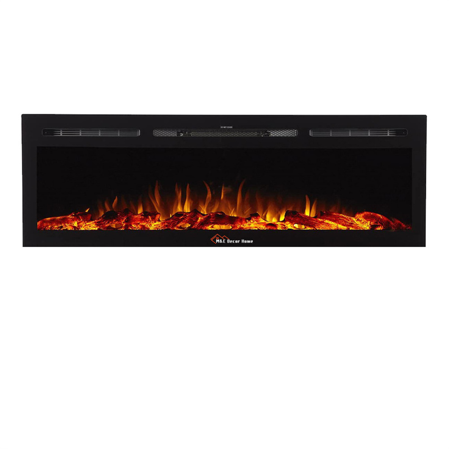 High Quality Black Glass  60 inch  Electric Fireplace Wide Wall Recessed LED Decorative Flame with log and crystal