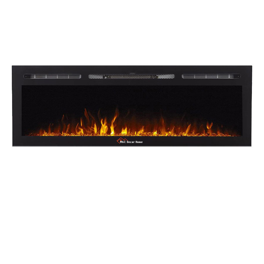 High Quality Black Glass  60 inch  Electric Fireplace Wide Wall Recessed LED Decorative Flame with log and crystal