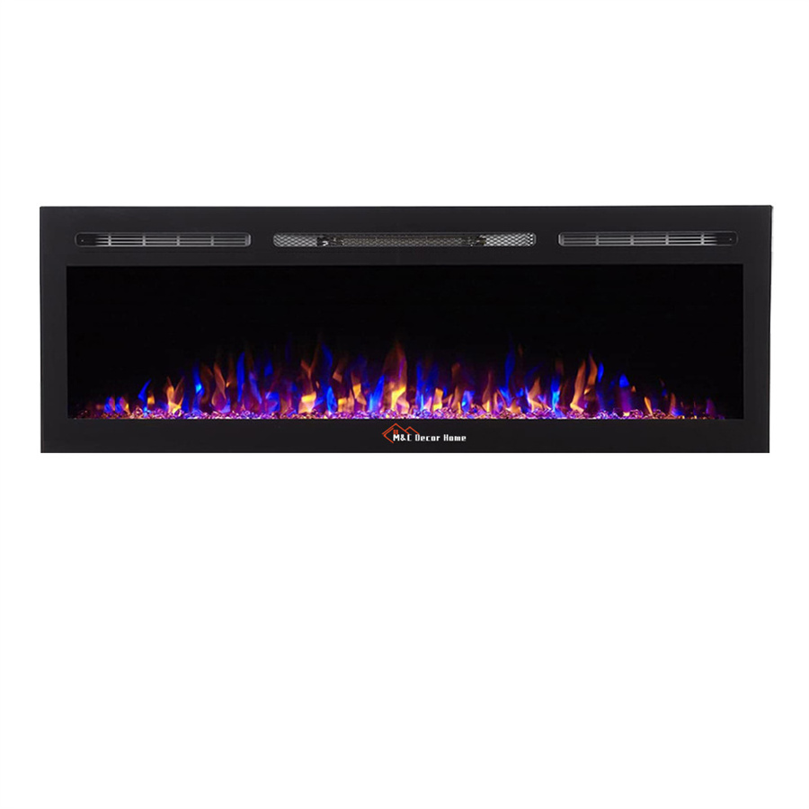 High Quality Black Glass  60 inch  Electric Fireplace Wide Wall Recessed LED Decorative Flame with log and crystal