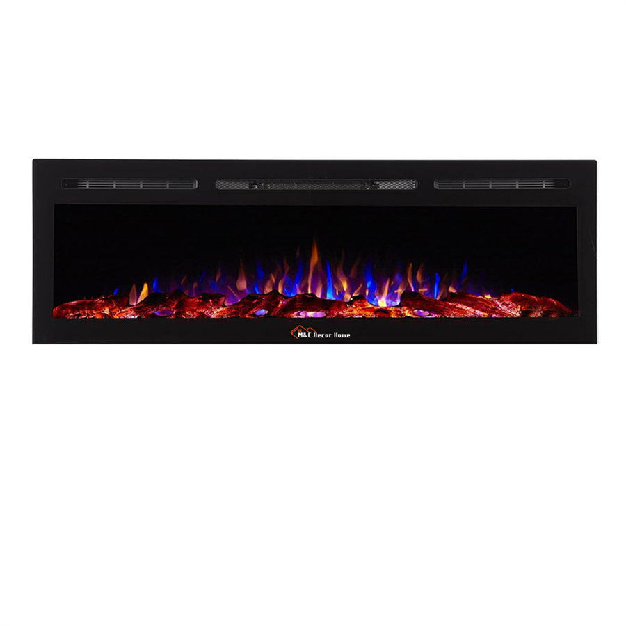 High Quality Black Glass  60 inch  Electric Fireplace Wide Wall Recessed LED Decorative Flame with log and crystal