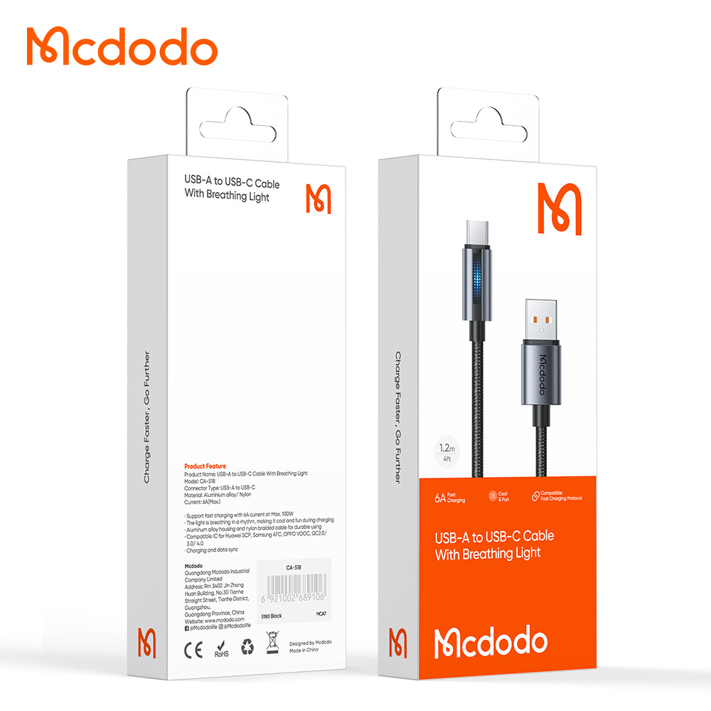 Mcdodo 518 USB-C Type Data Cable Fast Charging Car Light Breathing Light Advanced Metal Texture Supports QC4.0 QC3.0 VOOC Nylon