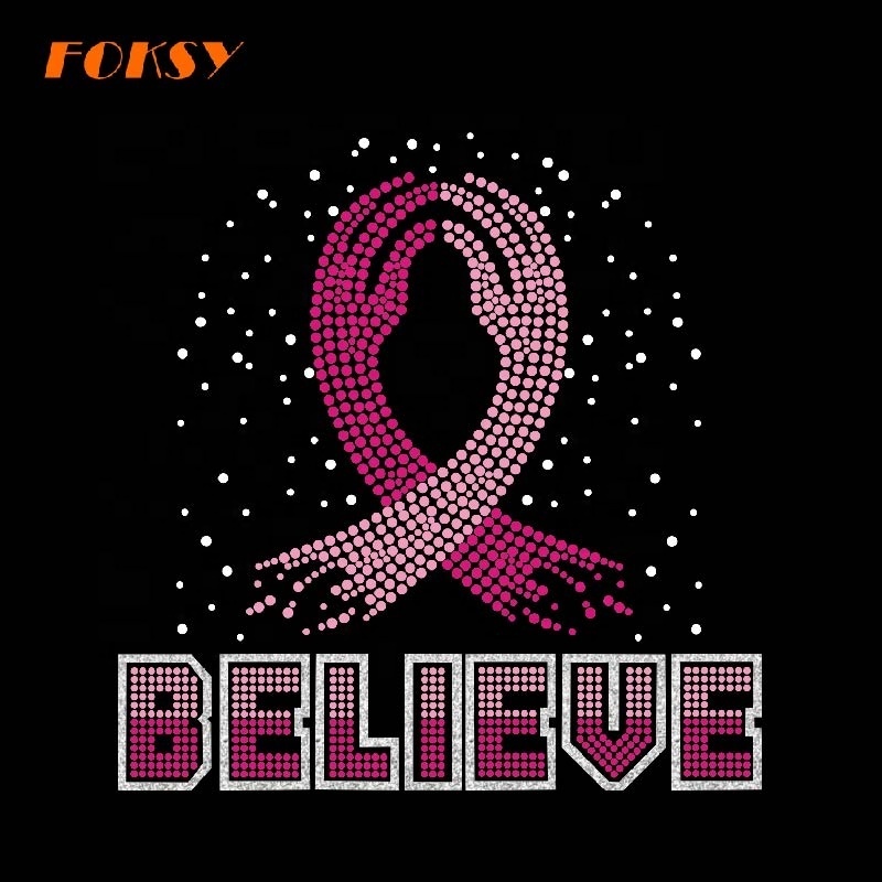 Hot Sale Custom Hot Fix Breast Cancer Awareness Month Iron on Rhinestone Transfer Design for Women