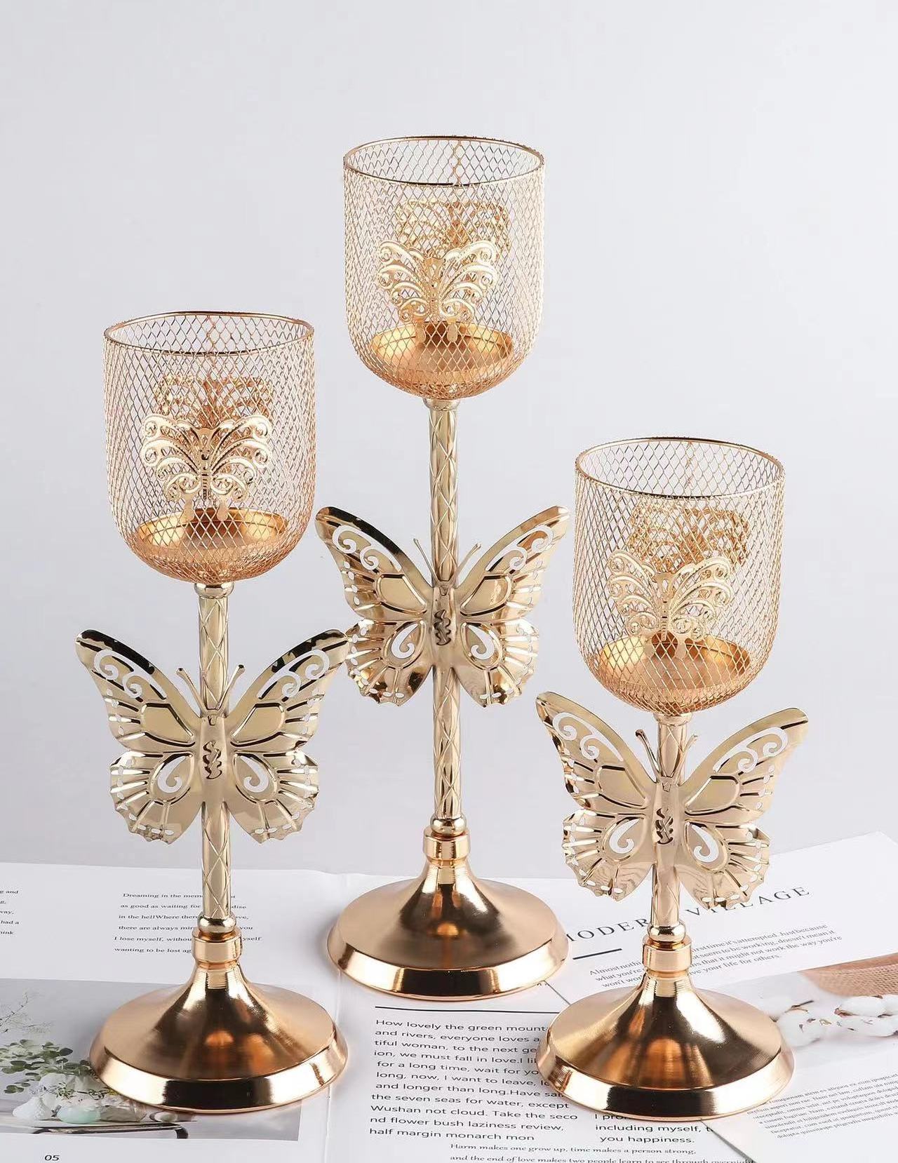 Crystal Candle Lantern Gold Candle Candelabra Candlestick Butterfly Decor Pillar Holder Wedding Decoration Table Centerpieces