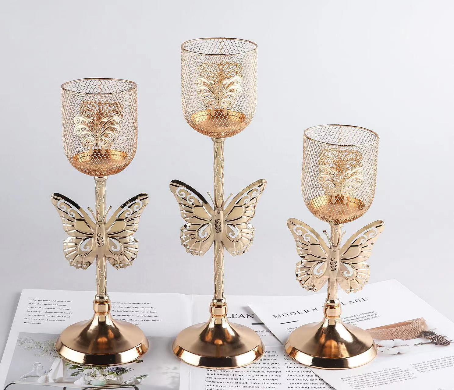 Crystal Candle Lantern Gold Candle Candelabra Candlestick Butterfly Decor Pillar Holder Wedding Decoration Table Centerpieces