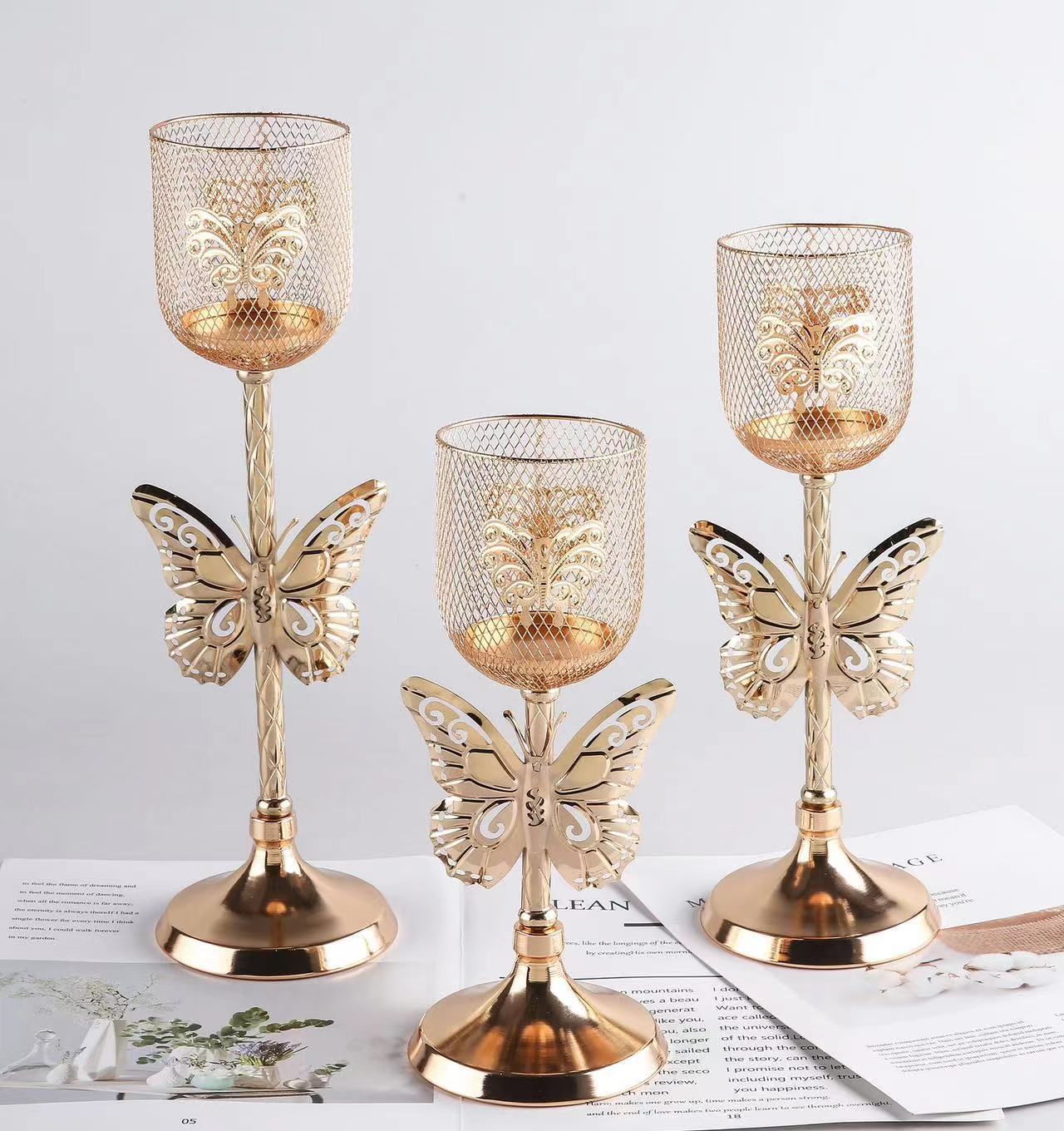 Crystal Candle Lantern Gold Candle Candelabra Candlestick Butterfly Decor Pillar Holder Wedding Decoration Table Centerpieces