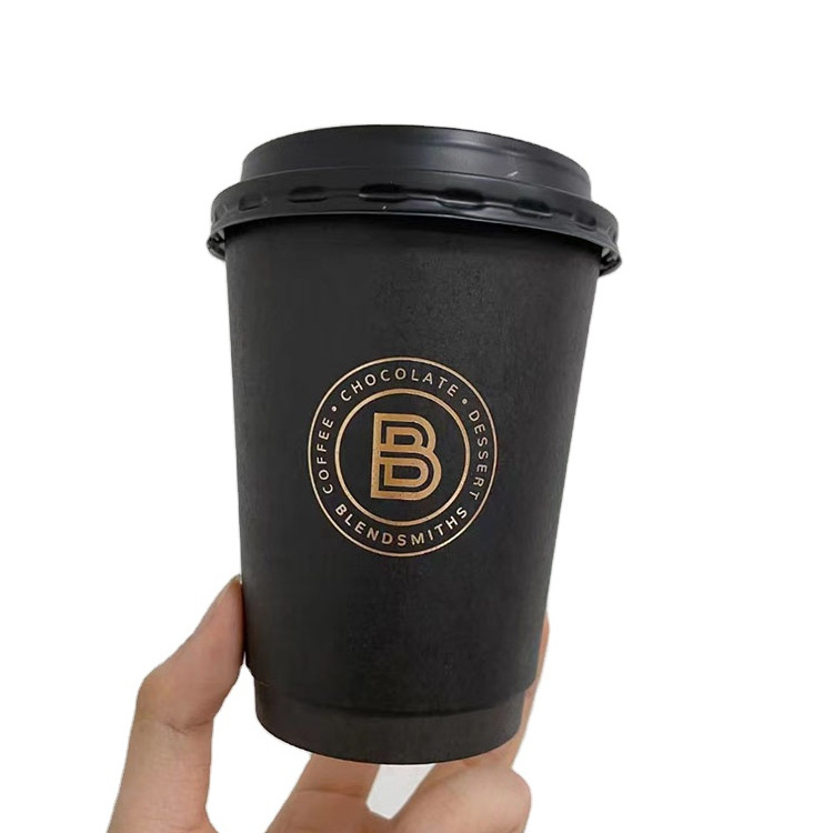 black double wall paper cup 4oz 8oz 12oz coffee cup logo gold foil stamping with lid