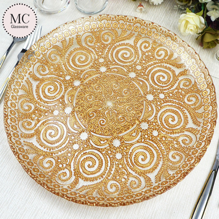 Modern elegant round dessert lace glass charger plate