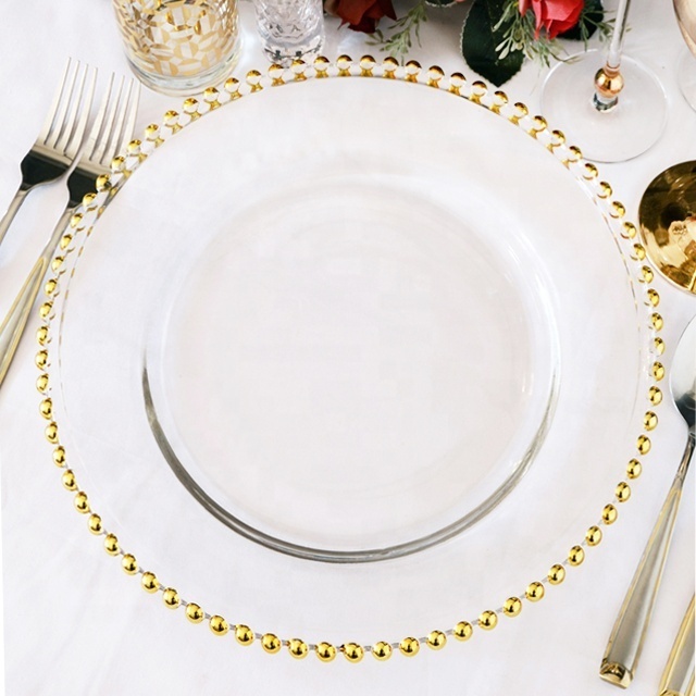 Gold edge bead charger  plate for wedding dinner plate Silver border wedding desktop decoration glass dinnerware set  underplate