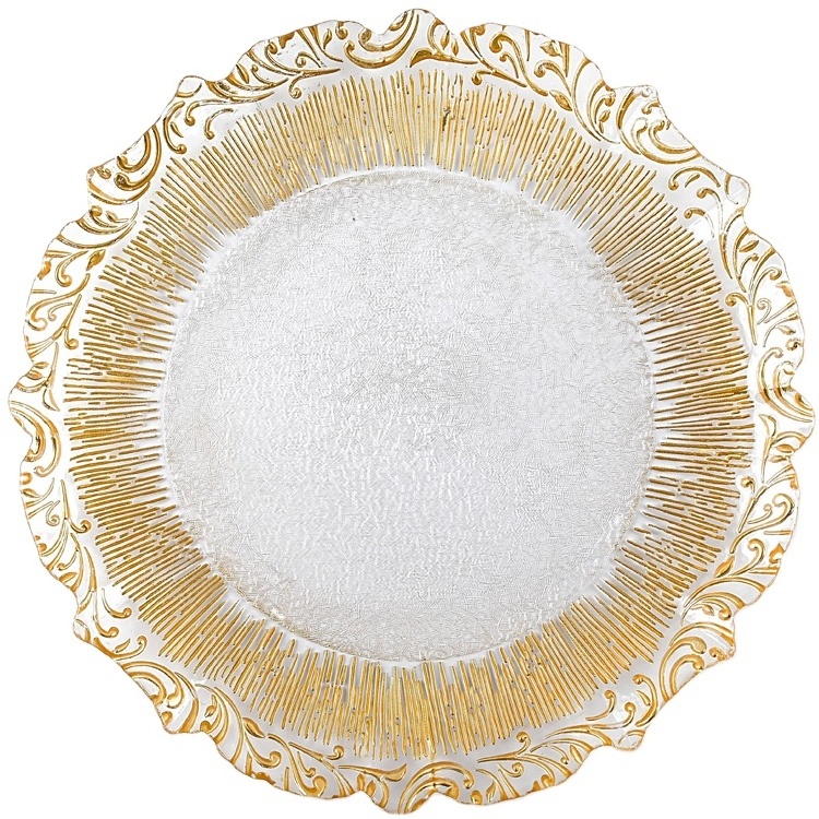 New design 13 inch gold rimmed glass charger plate wedding clear glass wedding charger plates for Desktop decoration