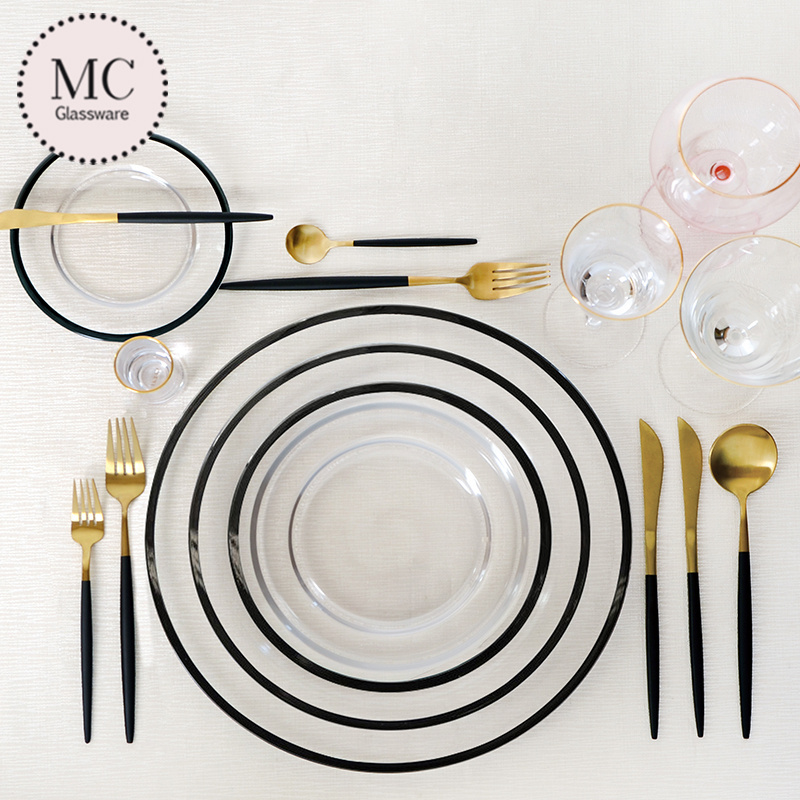 Wedding decoration glass plates Transparent Golden Silver Rose Gold White black rim glass charger plates