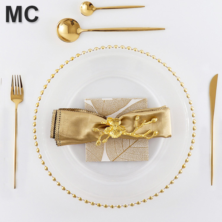 12.6 inches clear wedding gold glass plates wholesale silver beaded charger plates dinnerware set for wedding decoration