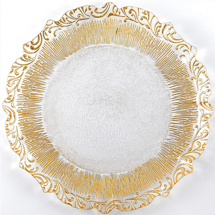 New design 13 inch gold rimmed glass charger plate wedding clear glass wedding charger plates for Desktop decoration