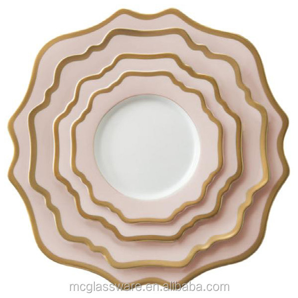 Wholesale dinner plate set for wedding bulk gold rim dinnerware pink white  luxury  ceramic plate set charger dishes plates