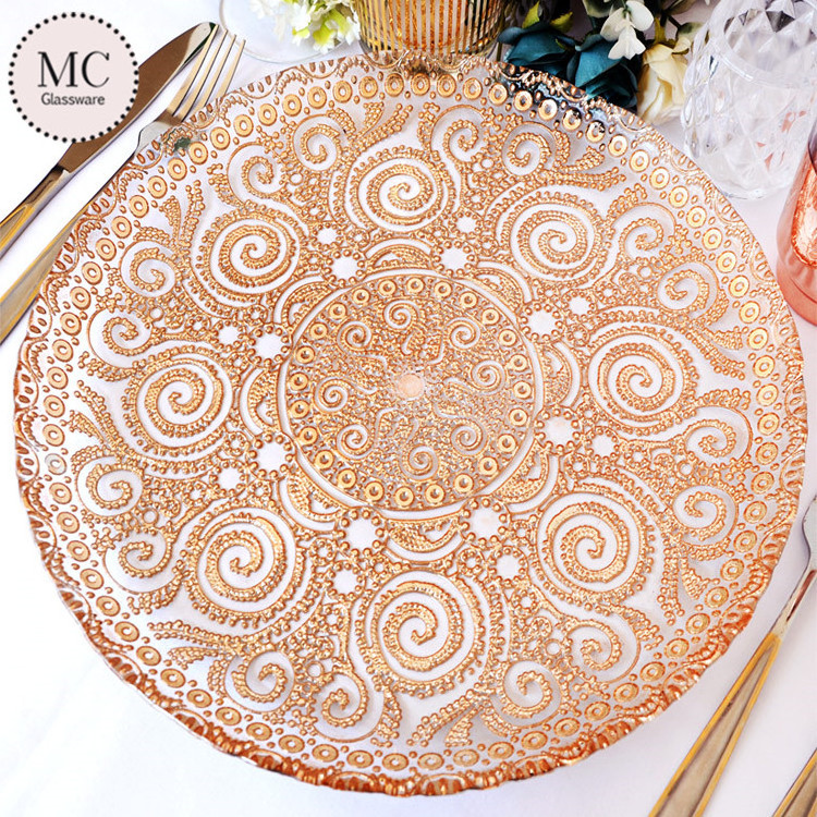 Modern elegant round dessert lace glass charger plate