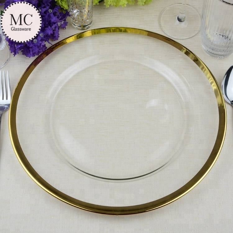 Cheap glass black rimmed charger plate antique black dinner plates wholesale with glitter party rentals