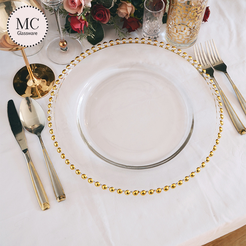 12.6 inches clear wedding gold glass plates wholesale silver beaded charger plates dinnerware set for wedding decoration